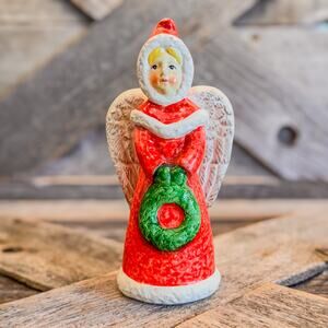 Vintage Ceramic Christmas Holiday Angel in Red Robe Holding Green Wreath, 6"H
